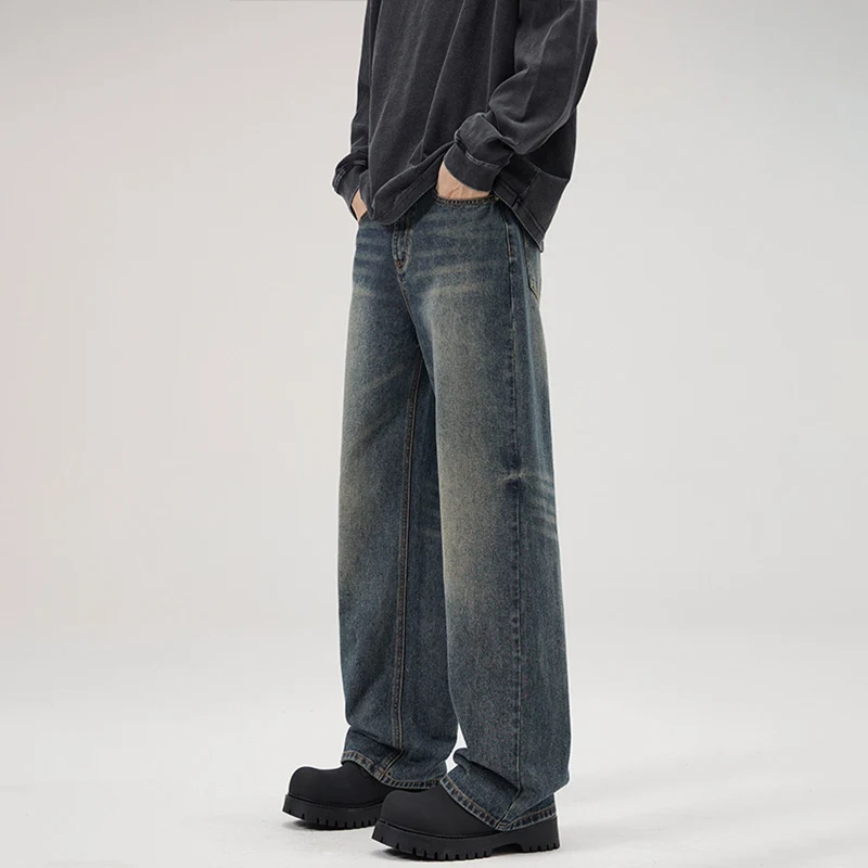 Herren Weite Stonewashed Denim-Jeans mit geradem Ultraweitem Bein Nord Taschen