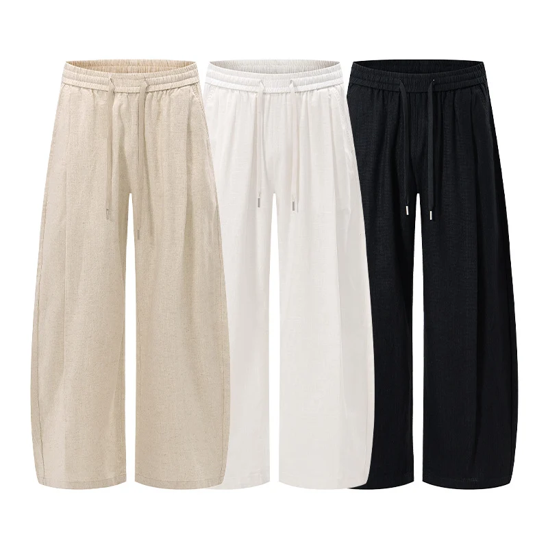 Herren Weite Leinen-Baumwoll-Hose mit Kordelzug und Taschen Nord Taschen