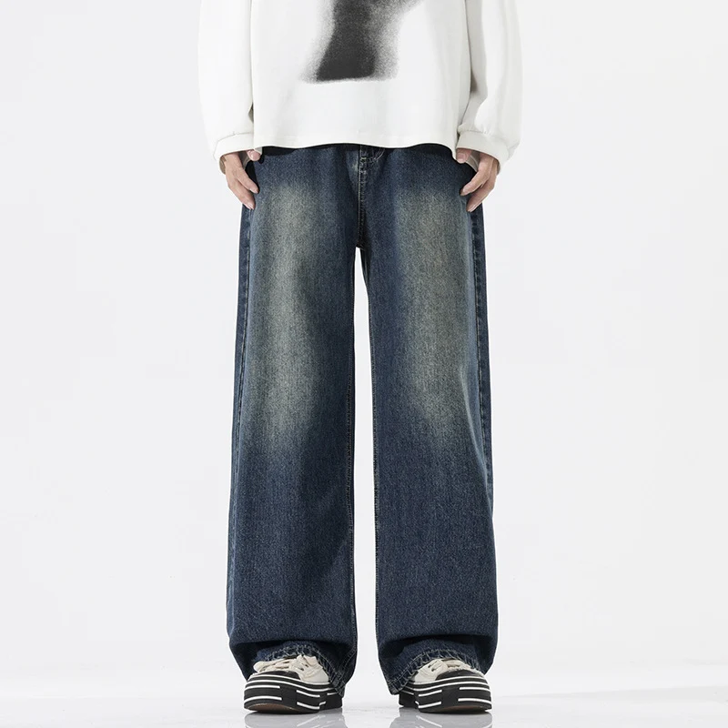 Herren Weite Bodenlange Denim‑Palazzohose mit verlängertem Saum und soften Used‑Akzenten Nord Taschen
