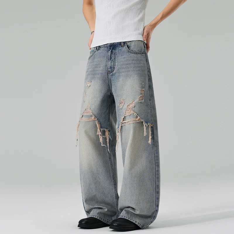 Herren Weite Baggy-Jeans aus Denim mit ausgefransten Vorderpanelen Nord Taschen