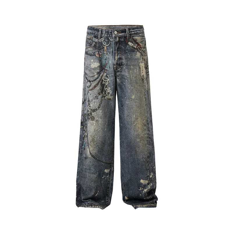 Herren Weit geschnittene Stonewashed-Denim-Jeans mit Kettenprint, Farb‑Splatter und bodenlangem Saum Nord Taschen