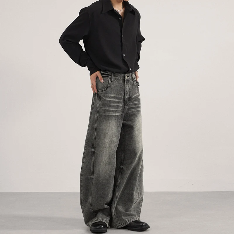 Herren Ultraweite vintagegewaschene Denim-Palazzohose mit tiefem Schritt und geradem Saum Nord Taschen