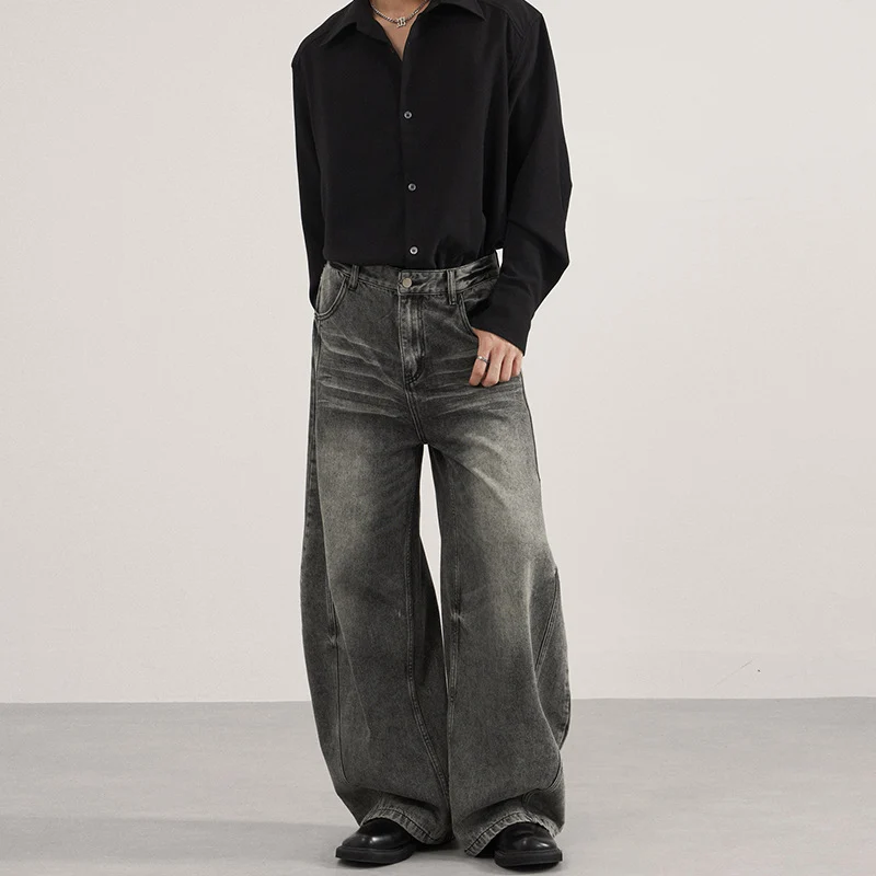 Herren Ultraweite vintagegewaschene Denim-Palazzohose mit tiefem Schritt und geradem Saum Nord Taschen