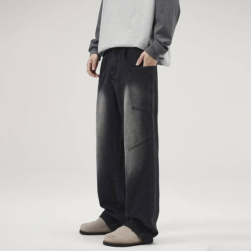 Herren Ultraweite Stonewashed-Denim-Palazzo-Cargohose mit großen Aufsatztaschen Nord Taschen