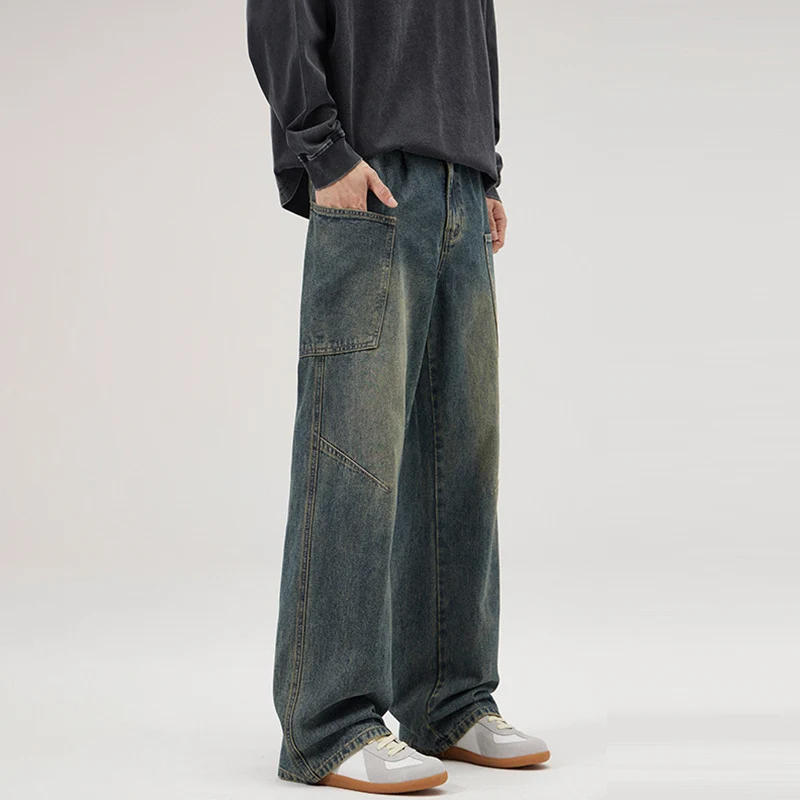 Herren Ultraweite Stonewashed-Denim-Palazzo-Cargohose mit großen Aufsatztaschen Nord Taschen