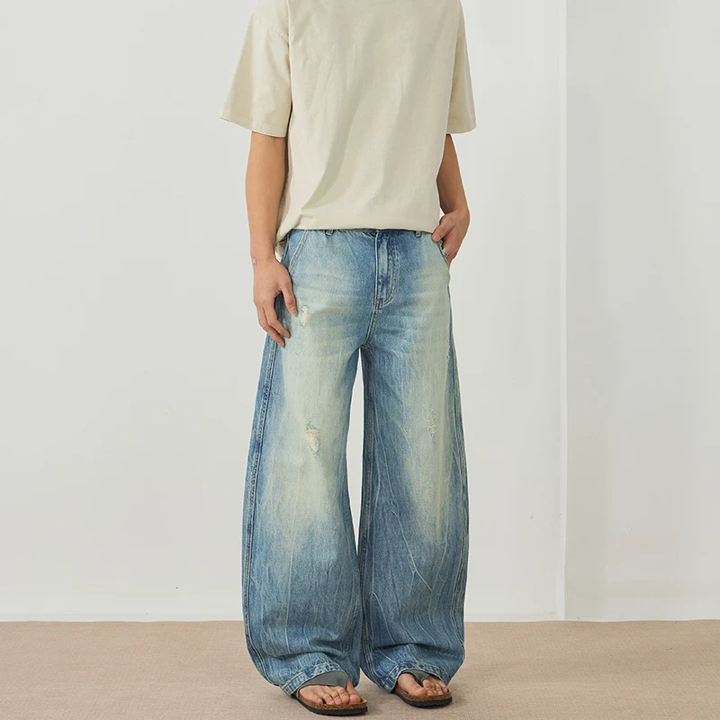 Herren Ultraweite Stonewashed Baggy-Jeans im bodenlangen Palazzoschnitt mit Used‑Effekt Nord Taschen