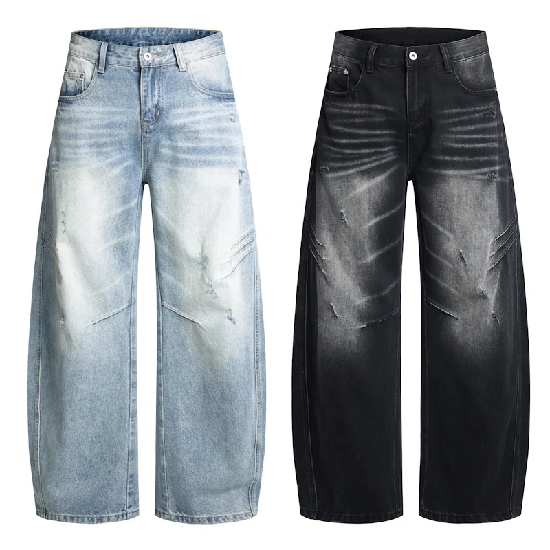 Herren Ultraweite Denim-Palazzohose mit skulpturalen Seitenbahnen und Used‑Effekt Nord Taschen