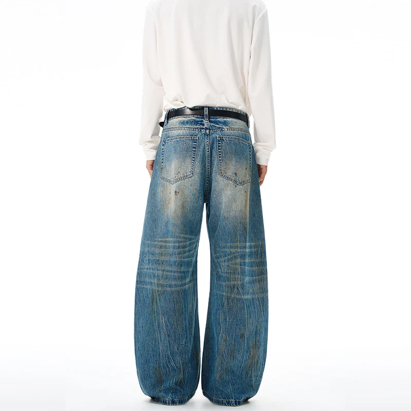 Herren Ultraweite Denim-Baggyhose im Vintage-Look mit Farbpatina und tiefem Schritt Nord Taschen