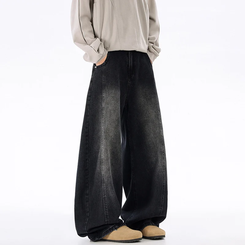 Herren Ultraweit geschnittene Denim-Hose im Palazzo-Stil mit tiefem Schritt Nord Taschen
