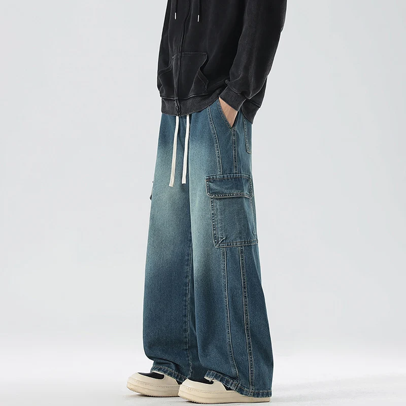 Herren Stonewashed-Denim Cargopalazzo mit extra weitem Bein und sichtbaren Ziernähten Nord Taschen
