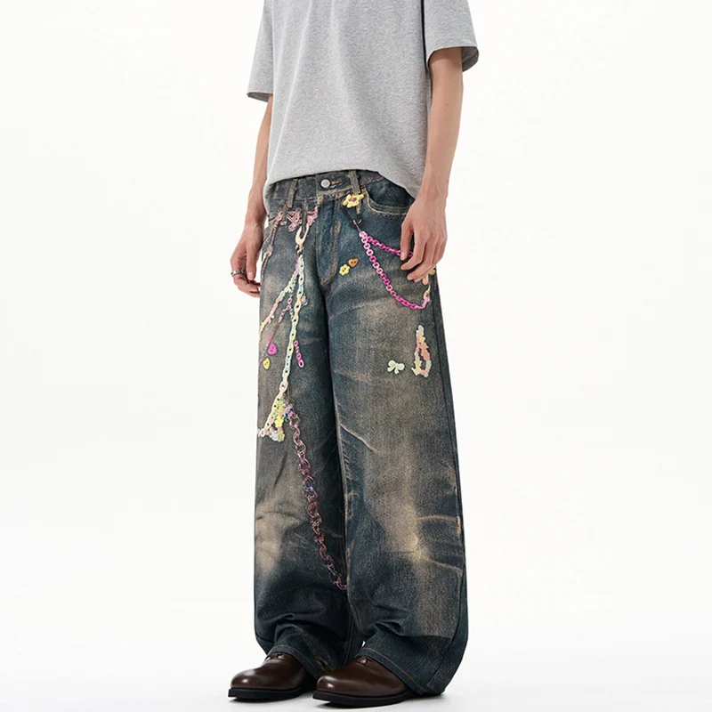Herren Baggy-Denim-Jeans mit handbemaltem Kettenprint und Applikationen Nord Taschen