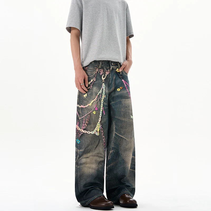 Herren Baggy-Denim-Jeans mit handbemaltem Kettenprint und Applikationen Nord Taschen