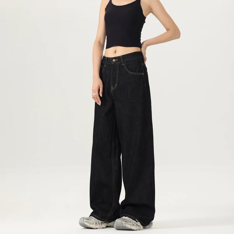 Damen Weite tiefsitzende Baggy-Denimhose im Marlene-Stil mit Kontrastnähten Nord Taschen