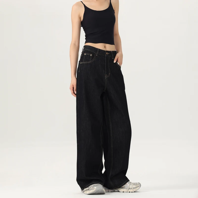 Damen Weite tiefsitzende Baggy-Denimhose im Marlene-Stil mit Kontrastnähten Nord Taschen