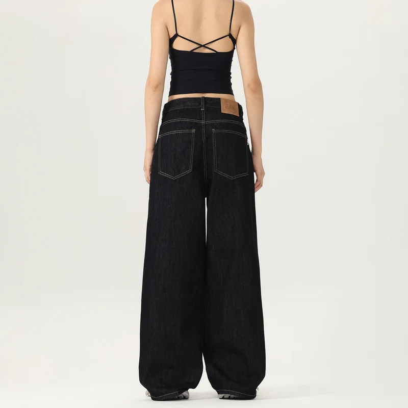 Damen Weite tiefsitzende Baggy-Denimhose im Marlene-Stil mit Kontrastnähten Nord Taschen