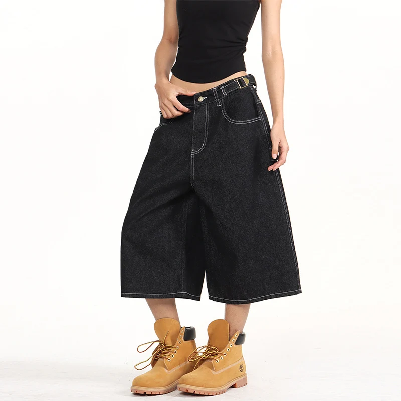 Damen Weite Denim-Culotte im Palazzoschnitt mit sichtbaren Kontrastnähten Nord Taschen