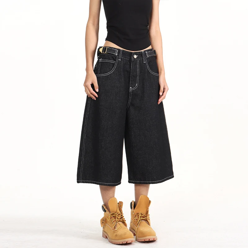 Damen Weite Denim-Culotte im Palazzoschnitt mit sichtbaren Kontrastnähten Nord Taschen