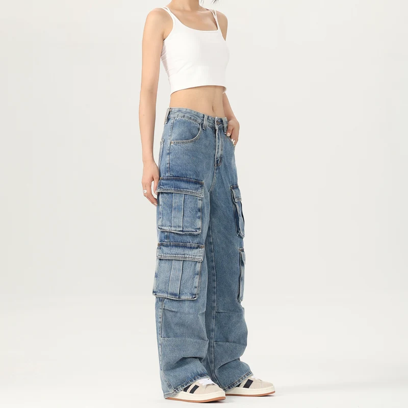 Damen Weite Cargo-Denimhose mit mehreren Klappentaschen und Baggy‑Silhouette Nord Taschen