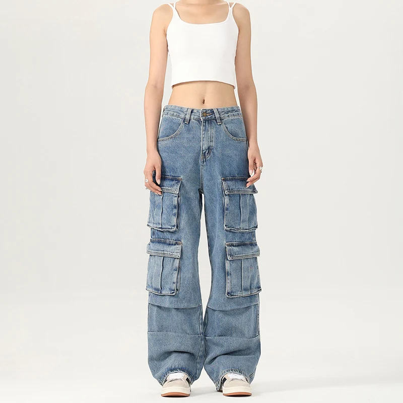 Damen Weite Cargo-Denimhose mit mehreren Klappentaschen und Baggy‑Silhouette Nord Taschen