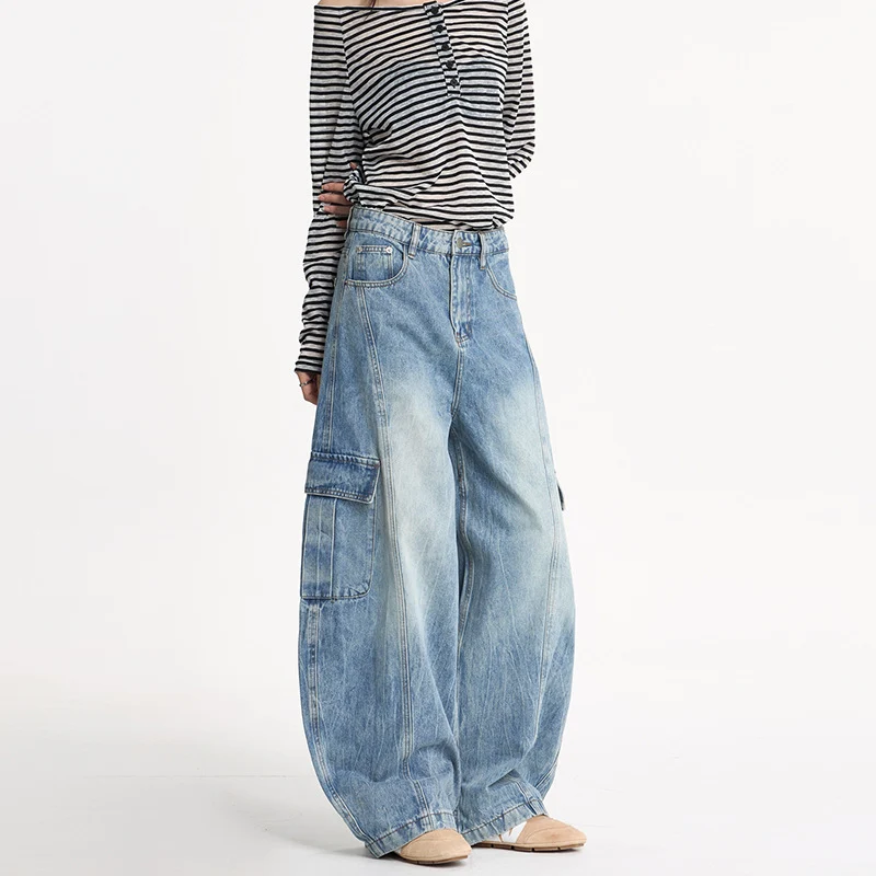 Damen Weite Cargo-Denim-Palazzohose im Baggy-Cut Nord Taschen