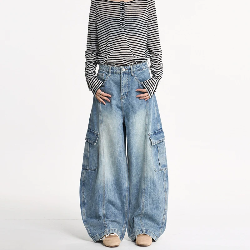 Damen Weite Cargo-Denim-Palazzohose im Baggy-Cut Nord Taschen