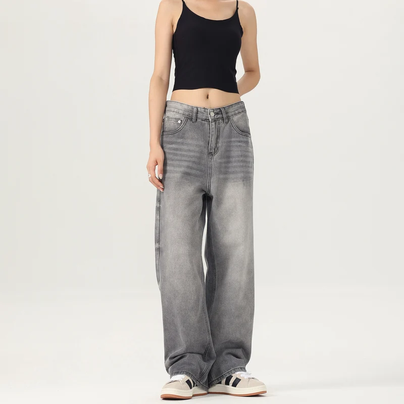 Damen Weitbeinige Stonewashed-Denim-Jeans mit tiefer Bundlinie und verlängertem Saum Nord Taschen