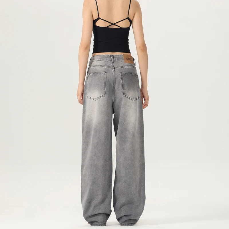 Damen Weitbeinige Stonewashed-Denim-Jeans mit tiefer Bundlinie und verlängertem Saum Nord Taschen