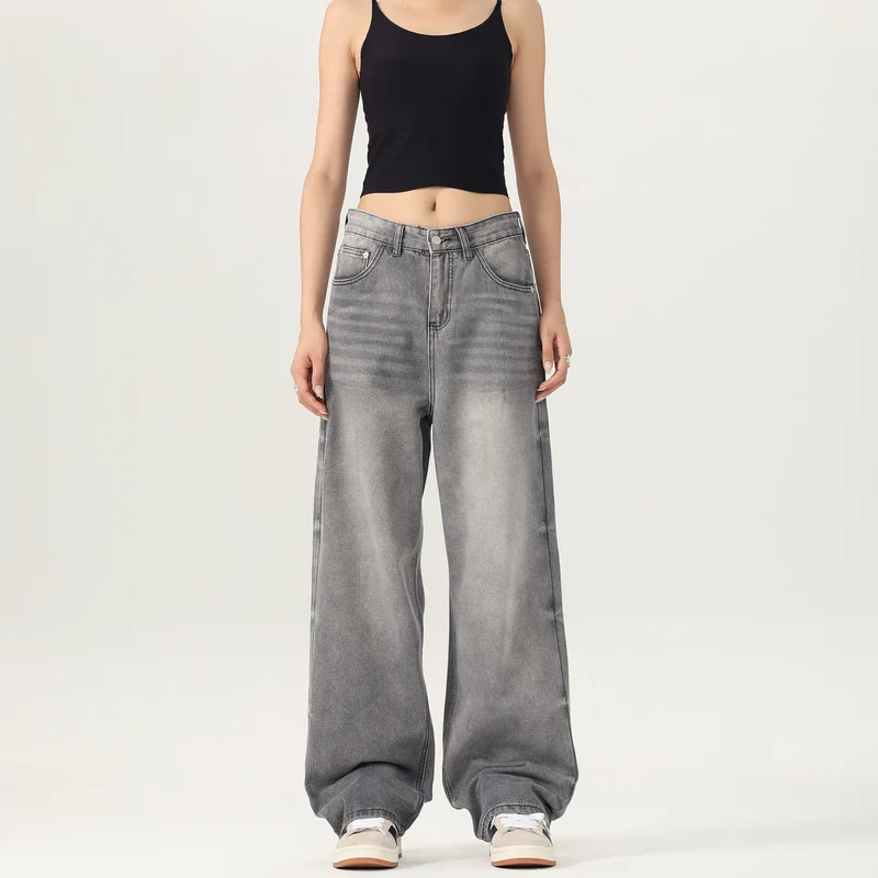 Damen Weitbeinige Stonewashed-Denim-Jeans mit tiefer Bundlinie und verlängertem Saum Nord Taschen