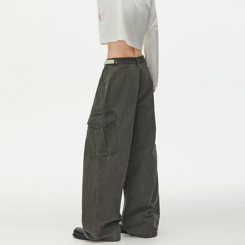 Damen Weit geschnittene Cargo-Palazzohose aus gebürstetem Baumwoll-Twill mit tiefem Schritt und aufgesetzten Klappentaschen Nord Taschen