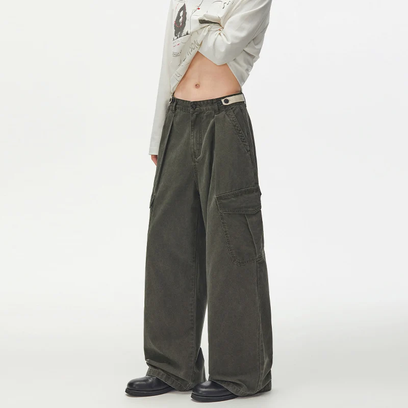 Damen Weit geschnittene Cargo-Palazzohose aus gebürstetem Baumwoll-Twill mit tiefem Schritt und aufgesetzten Klappentaschen Nord Taschen