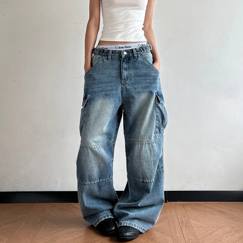 Damen Ultraweite Palazzodenim-Cargohose mit tiefem Schritt und übergroßen Klappentaschen Nord Taschen