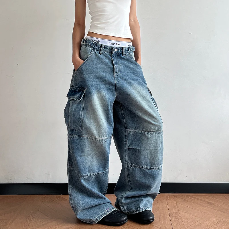 Damen Ultraweite Palazzodenim-Cargohose mit tiefem Schritt und übergroßen Klappentaschen Nord Taschen