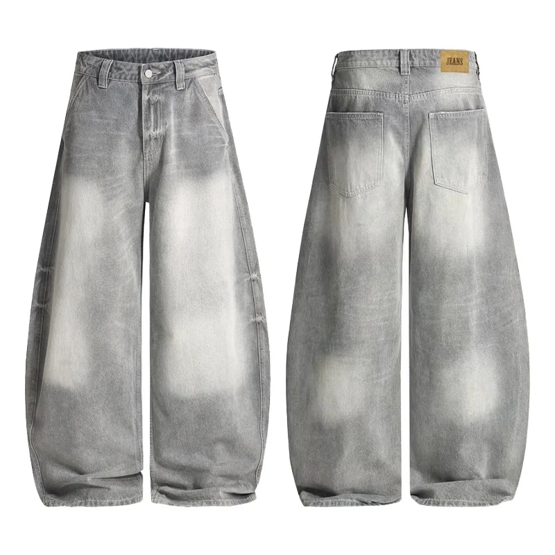 Damen Ultraweite Bodenlange Denim-Palazzohose mit tiefem Schritt und Vintage-Fade Nord Taschen