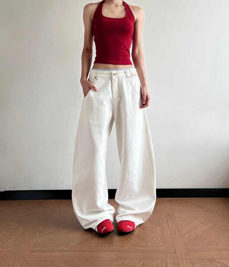 Damen Ultraweit geschnittene Canvas-Five-Pocket-Hose mit tiefer Bundlinie Nord Taschen