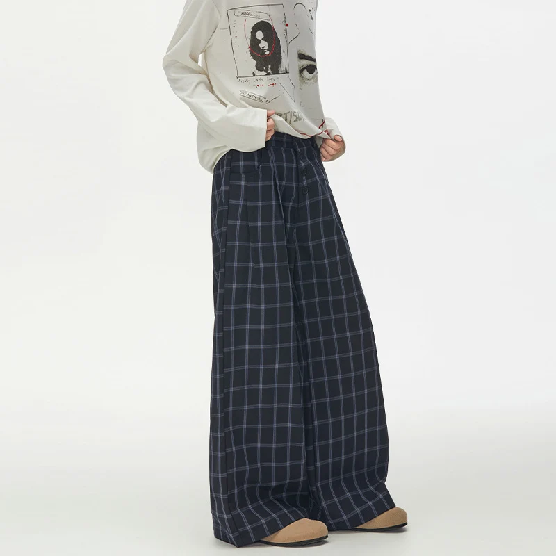 Damen Karierte Extraweite High-Waist Palazzo-Hose mit Knopfleiste Nord Taschen