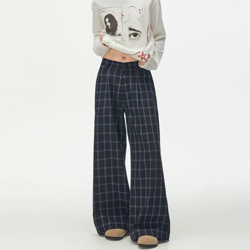Damen Karierte Extraweite High-Waist Palazzo-Hose mit Knopfleiste Nord Taschen