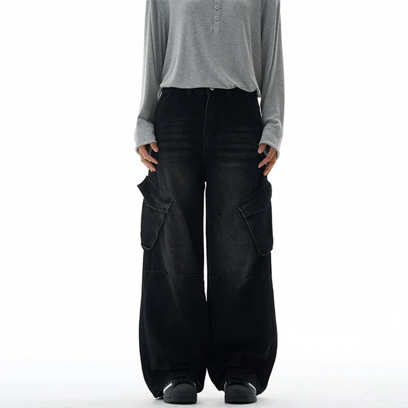 Damen Hochtaillierte Utility-Denim-Palazzohose mit Kniepaneelen und großen Klappentaschen Nord Taschen