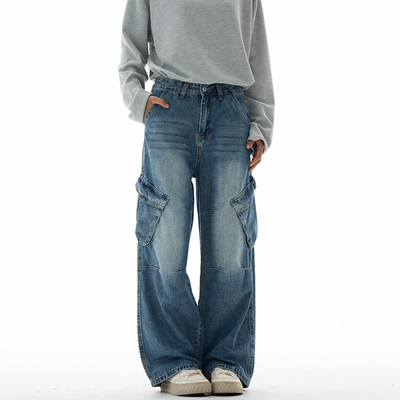 Damen Hochtaillierte Utility-Denim-Palazzohose mit Kniepaneelen und großen Klappentaschen Nord Taschen