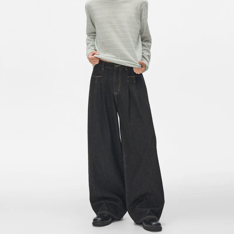 Damen High‑Waist Plissée-Denim-Palazzohose mit ultrabreitem Bein und verlängertem Saum Nord Taschen