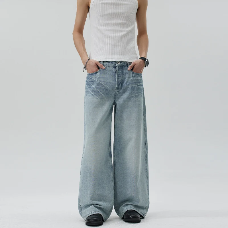Damen Extraweite Stonewashed Denim-Palazzohose mit tiefem Schritt und geradem Saum Nord Taschen