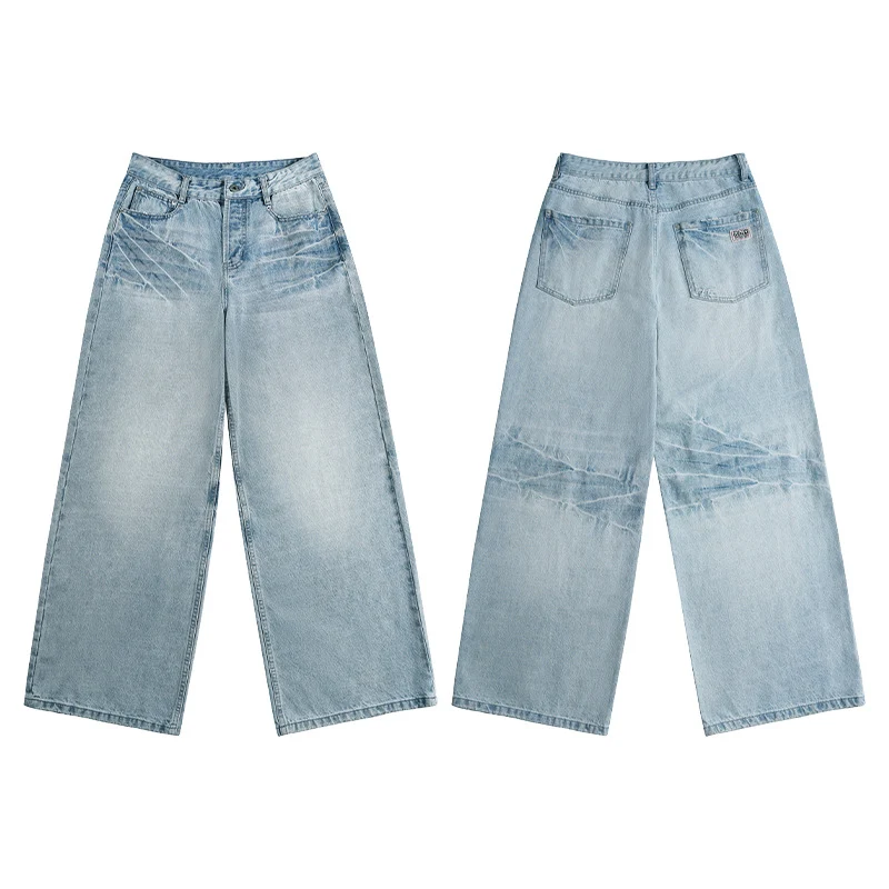 Damen Extraweite Stonewashed Denim-Palazzohose mit tiefem Schritt und geradem Saum Nord Taschen