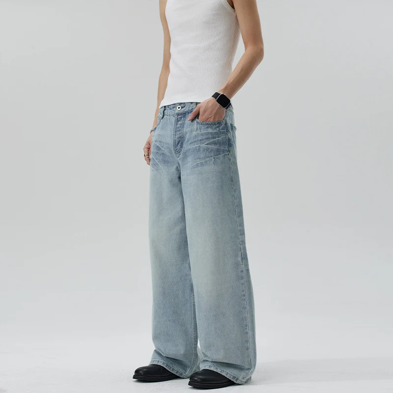 Damen Extraweite Stonewashed Denim-Palazzohose mit tiefem Schritt und geradem Saum Nord Taschen