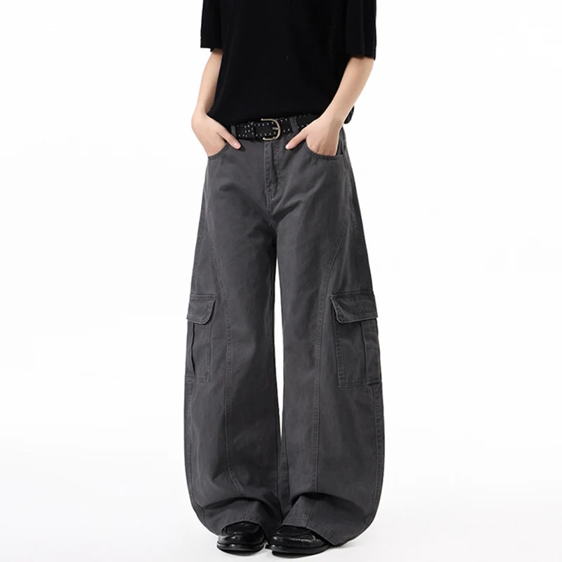 Damen Extraweite Hochtaillierte Cargo-Palazzo-Hose aus Baumwoll-Twill mit Pattentaschen Nord Taschen