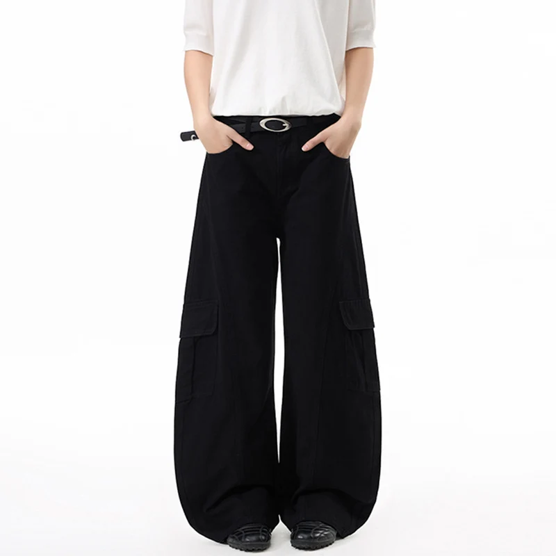 Damen Extraweite Hochtaillierte Cargo-Palazzo-Hose aus Baumwoll-Twill mit Pattentaschen Nord Taschen