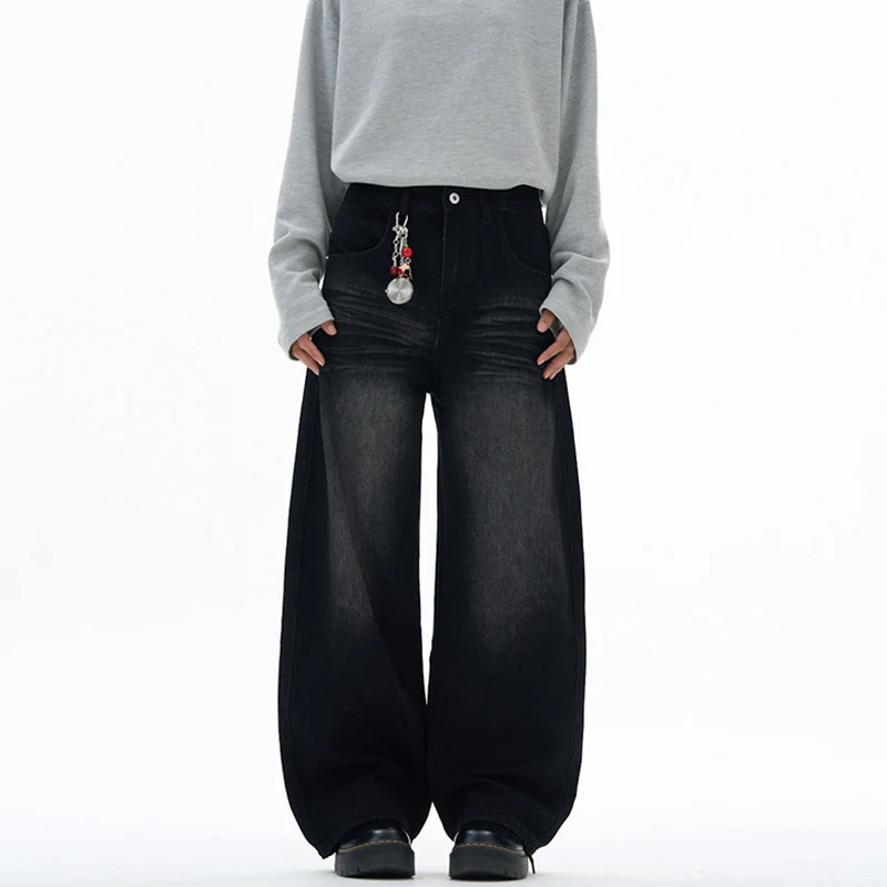 Damen extraweite hochgeschnittene Baggy-Jeans mit tiefem Schritt und Vintage‑Waschung Nord Taschen