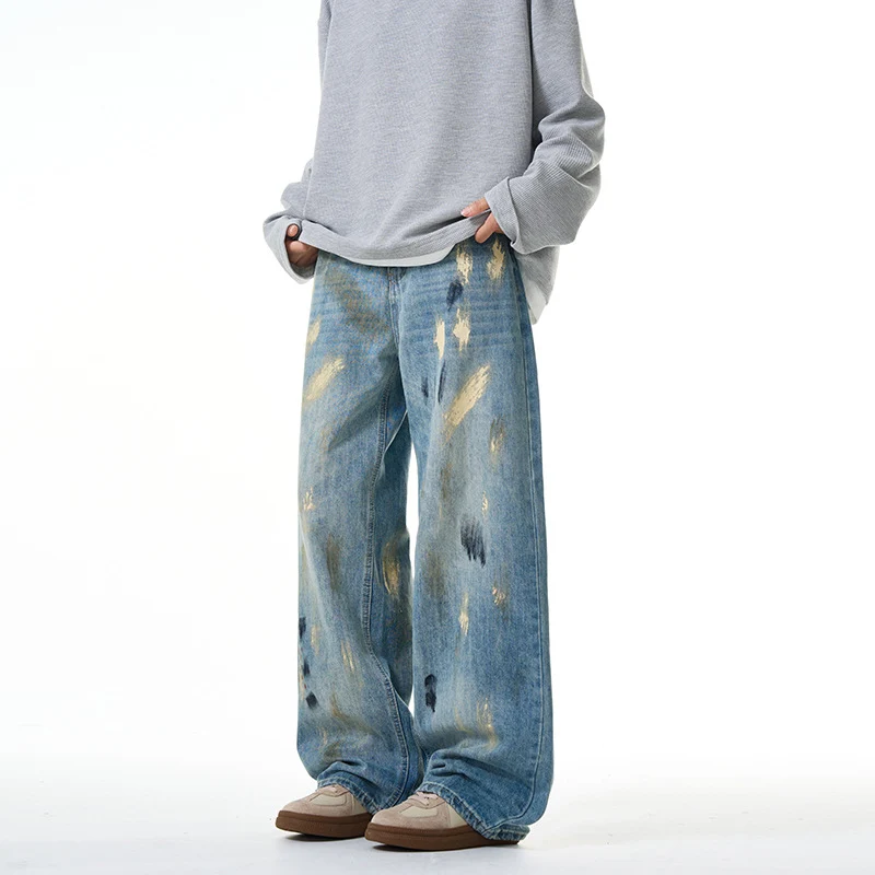 Damen Extraweite hochgeschnittene Baggy-Jeans mit künstlerischem Paint-Effekt Nord Taschen