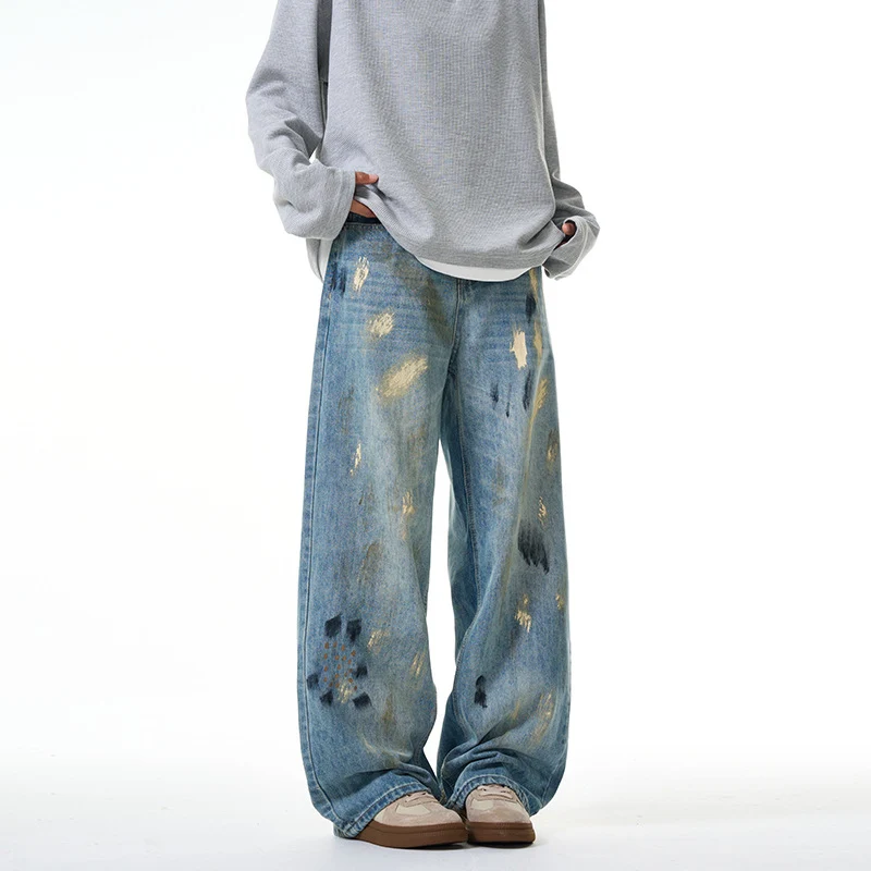 Damen Extraweite hochgeschnittene Baggy-Jeans mit künstlerischem Paint-Effekt Nord Taschen