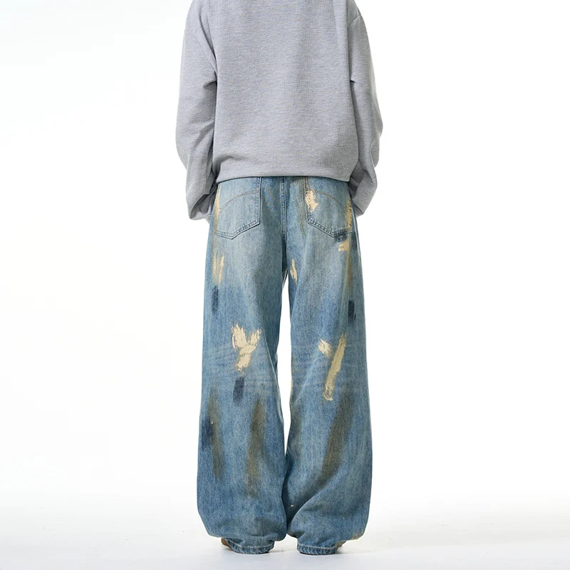 Damen Extraweite hochgeschnittene Baggy-Jeans mit künstlerischem Paint-Effekt Nord Taschen