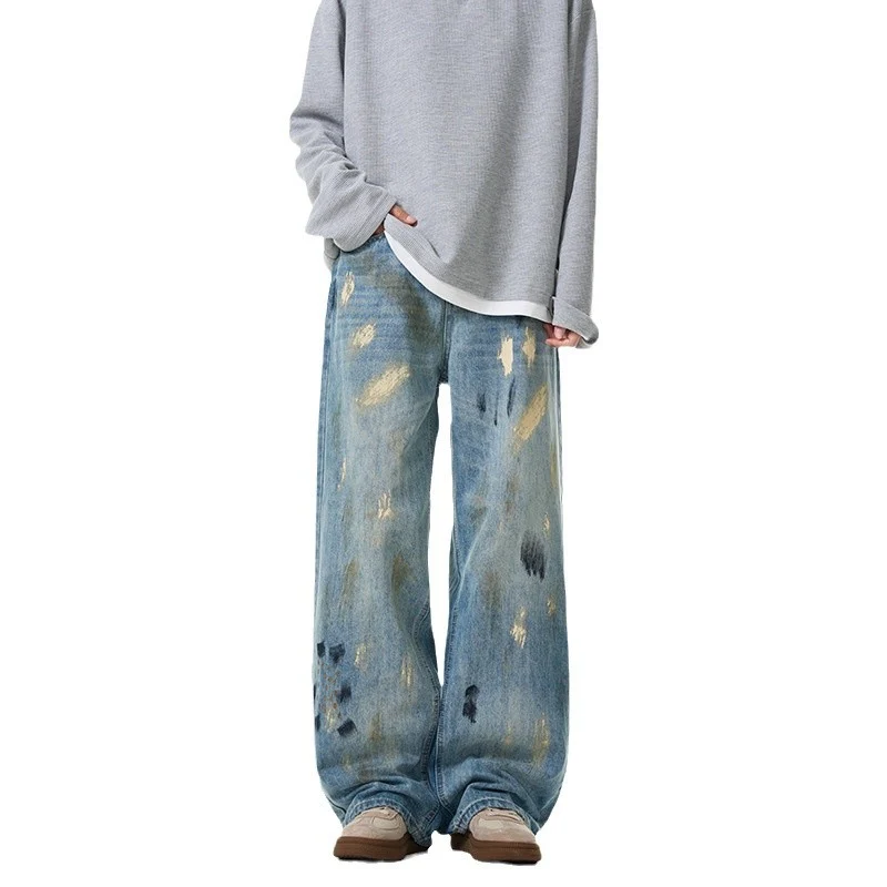 Damen Extraweite hochgeschnittene Baggy-Jeans mit künstlerischem Paint-Effekt Nord Taschen