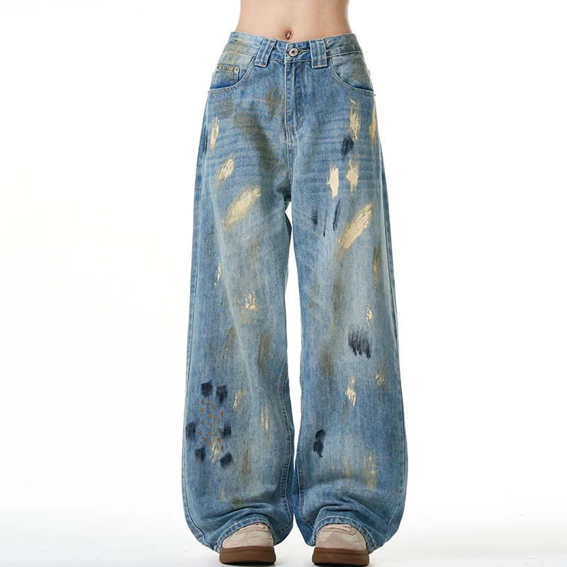 Damen Extraweite hochgeschnittene Baggy-Jeans mit künstlerischem Paint-Effekt Nord Taschen